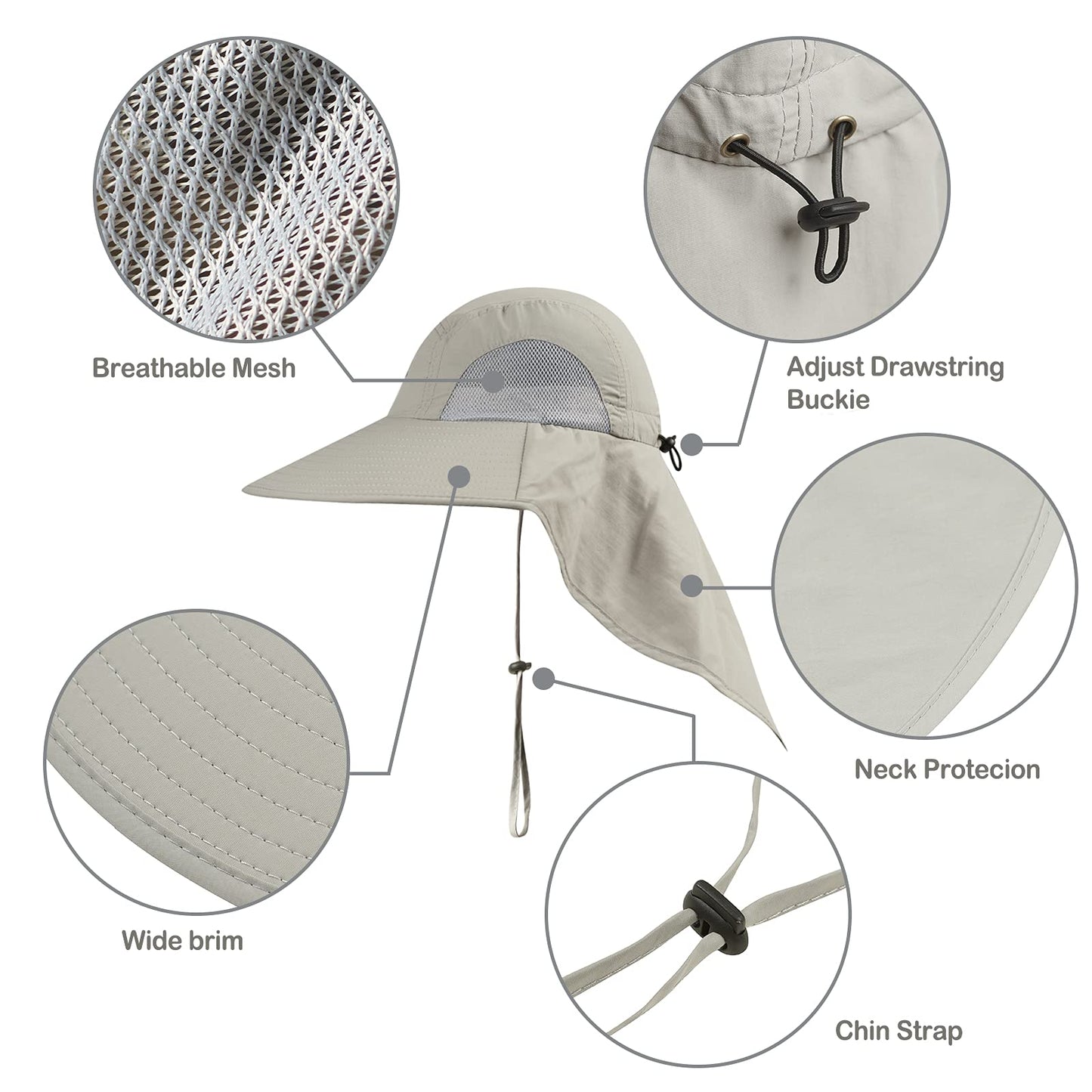 Outdoor Sun Hat for Men with 50+ UPF Protection Safari Cap Wide Brim Fishing Hat with Neck Flap, for Dad Dark Gray