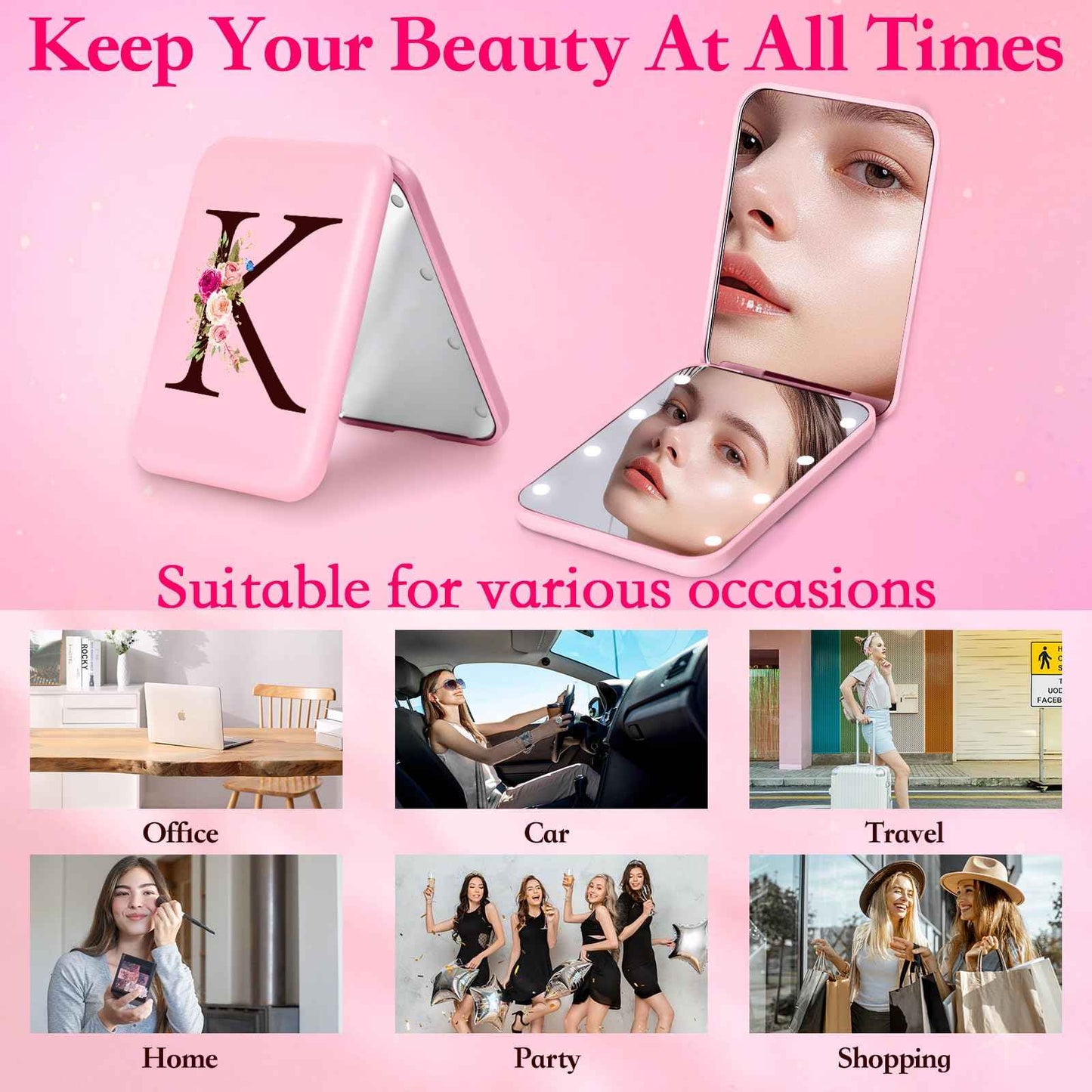 KEWWADB Travel Mirror with Lights, Initials Portable Compact Mirror, Travel Essentials, Suitable Gifts for Mom（Pink，K）