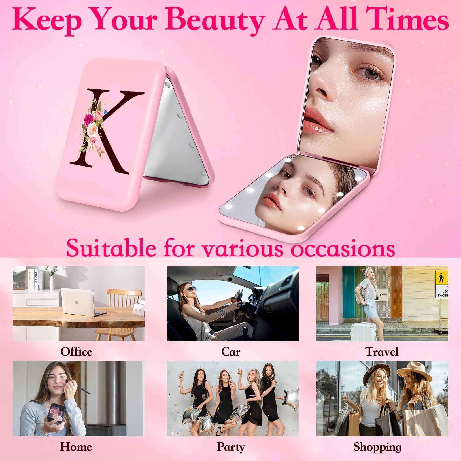 KEWWADB Travel Mirror with Lights, Initials Portable Compact Mirror, Travel Essentials, Suitable Gifts for Mom（Pink，K）