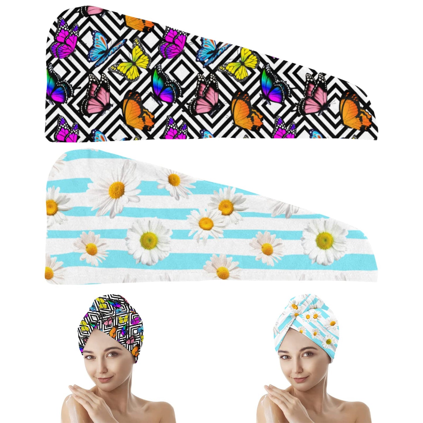 Siarnew 2PCS Super Absorbent Quick Dry Microfiber Hair Towel with Button Hands Free, 10 x 26 Inches Ultra-Soft Anti Frizz Dry Hair Turban Butterfly Daisy