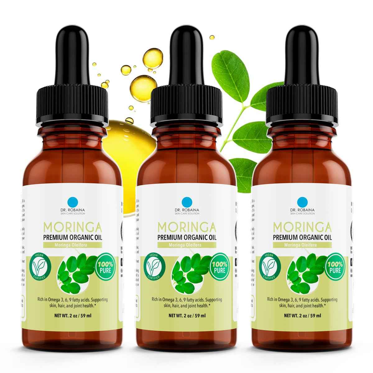 Dr. Robaina 100% Pure Organic Moringa Seed Oil – Cold-Pressed, Unrefined & Hexane-Free Face, Hair & Nail Moisturizer – Fast-Absorbing Non-Greasy Hydration – 2 fl oz Dropper Bottle – Made in USA