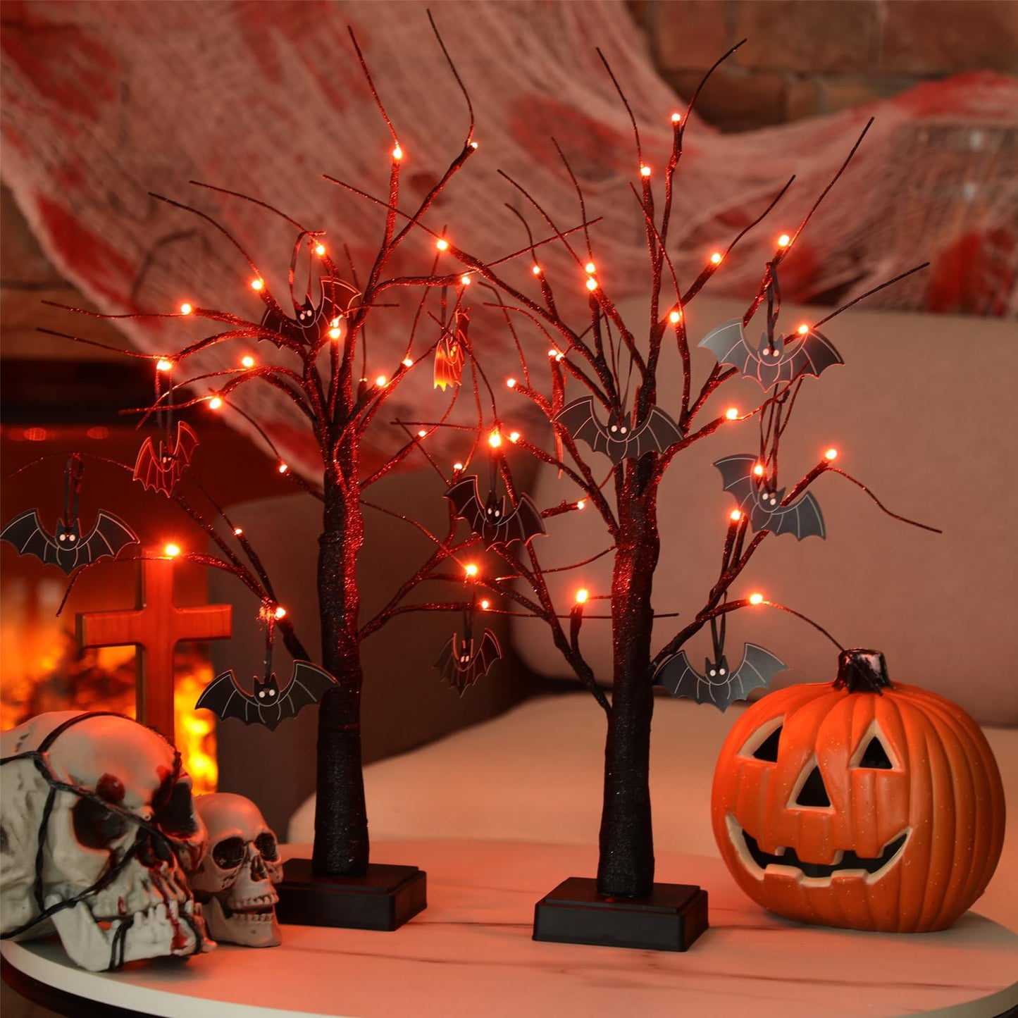 Retisee 2 Set Halloween Tree Decoration with 24 Purple Orange LED Light 16 Bats 2 ft Light up Halloween Table Centerpiece Black Glitter Spooky Battery Powered Timing Tree for Halloween Tabletop Indoor