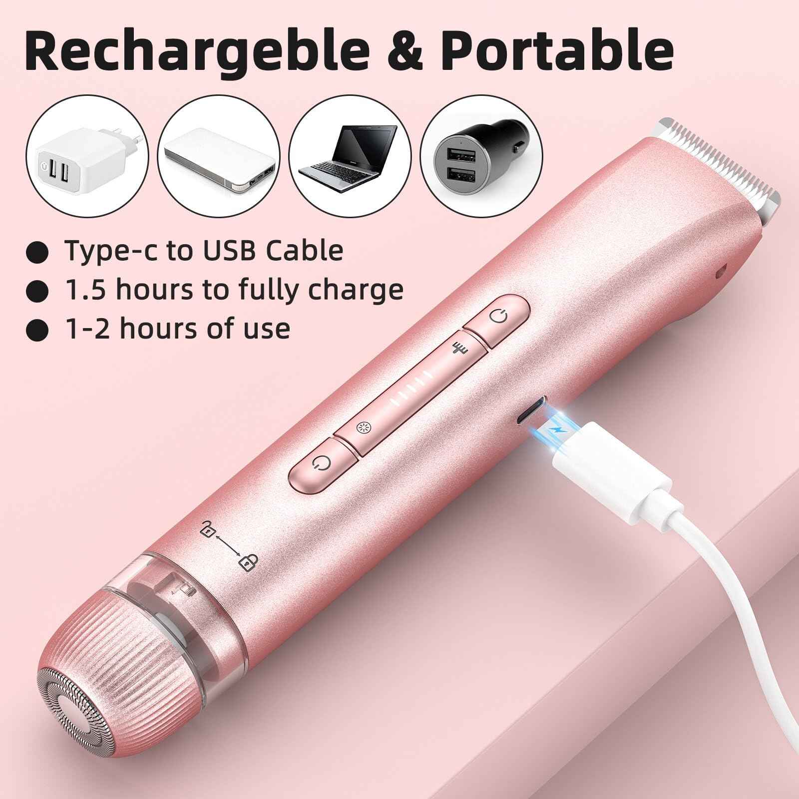 Bikini Trimmer for Women,Bikini Razor for Women Pubic Hair, 2 in 1 Wet & Dry Use Groomer,Painless Body Hair Trimmer for Face Legs Underarm Electric Shavers Razors Rechargable IPX7 Waterproof (Pink)