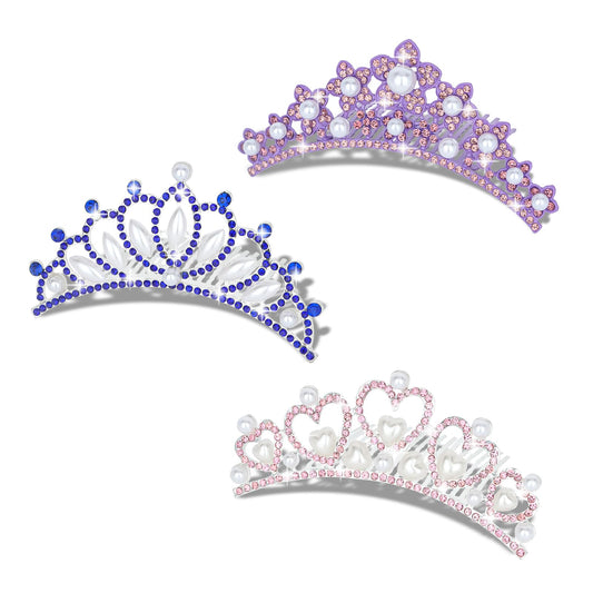 GAFATORY 3 Pcs Small Tiara Crown with Comb Pink Tiara for Little Girls Princess Crown Mini Tiara Comb Toddler Princess Tiara Pearl Crown Birthday Tiara (Pink & Purple & Blue)