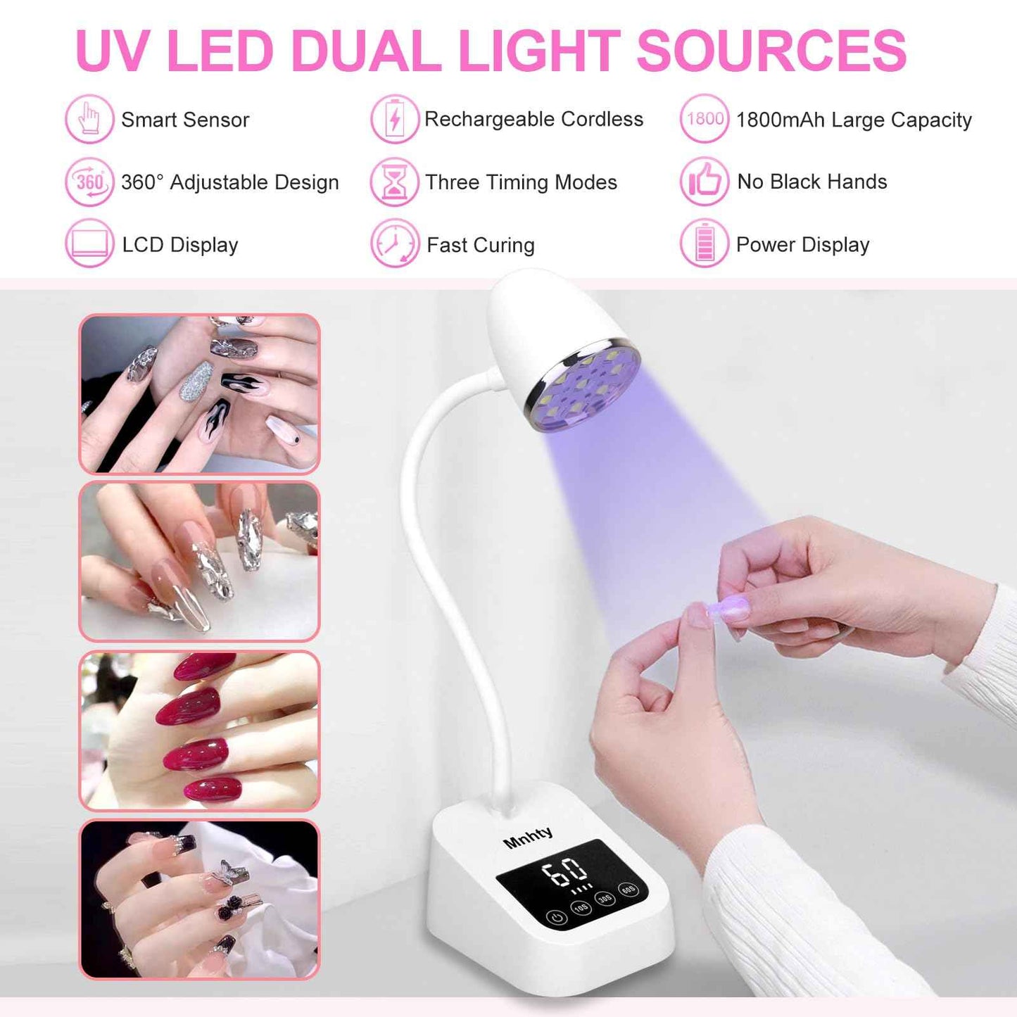Mnhty U V LED Nail Lamp, Goose Neck Flash Cure Lamp 27W Rechargeable Mini U V Light for Gel Nails, Cordless Flash Cure Light with 3 Timers&Sensor, Fast Curing Gooseneck Lamps for Gel X, Snow White