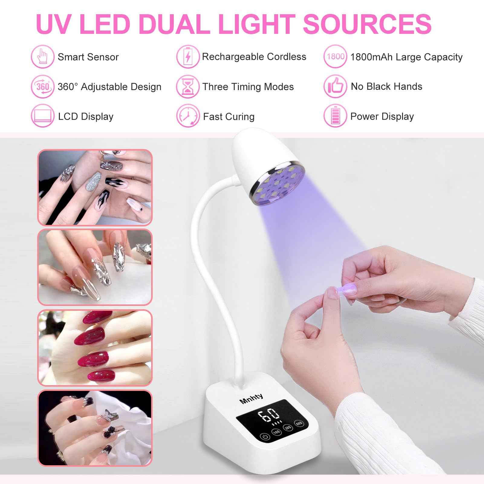 Mnhty U V LED Nail Lamp, Goose Neck Flash Cure Lamp 27W Rechargeable Mini U V Light for Gel Nails, Cordless Flash Cure Light with 3 Timers&Sensor, Fast Curing Gooseneck Lamps for Gel X, Snow White