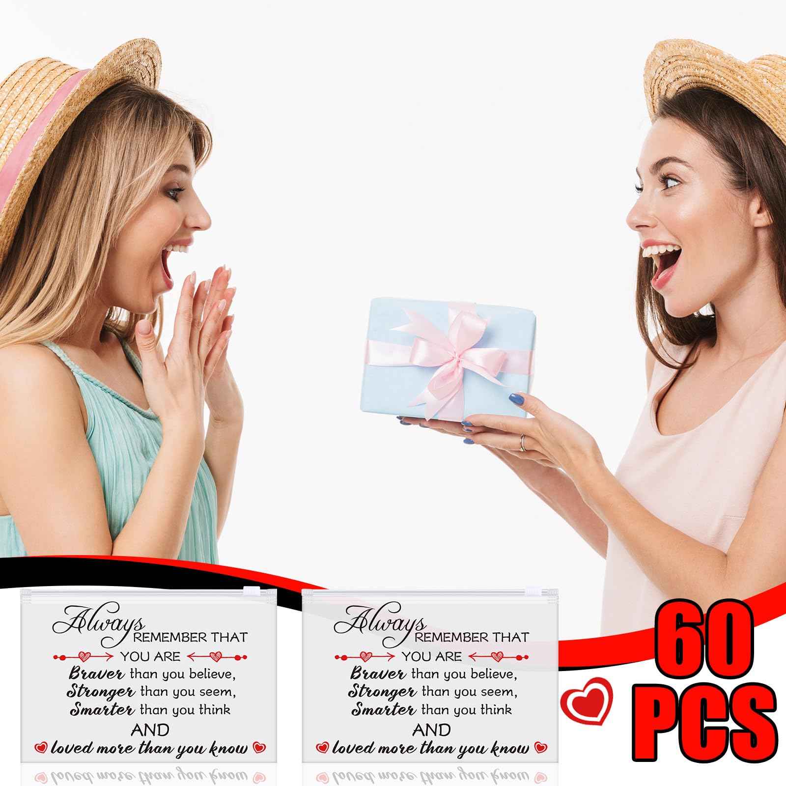 Sunnyray 60 Pcs Makeup Bags Bulk Inspirational Gifts Bags for Women EVA Cosmetic Bag with Zipper for Housekeeping Week Appreciation Gifts(Always Remember You Are Braver Than You Think)