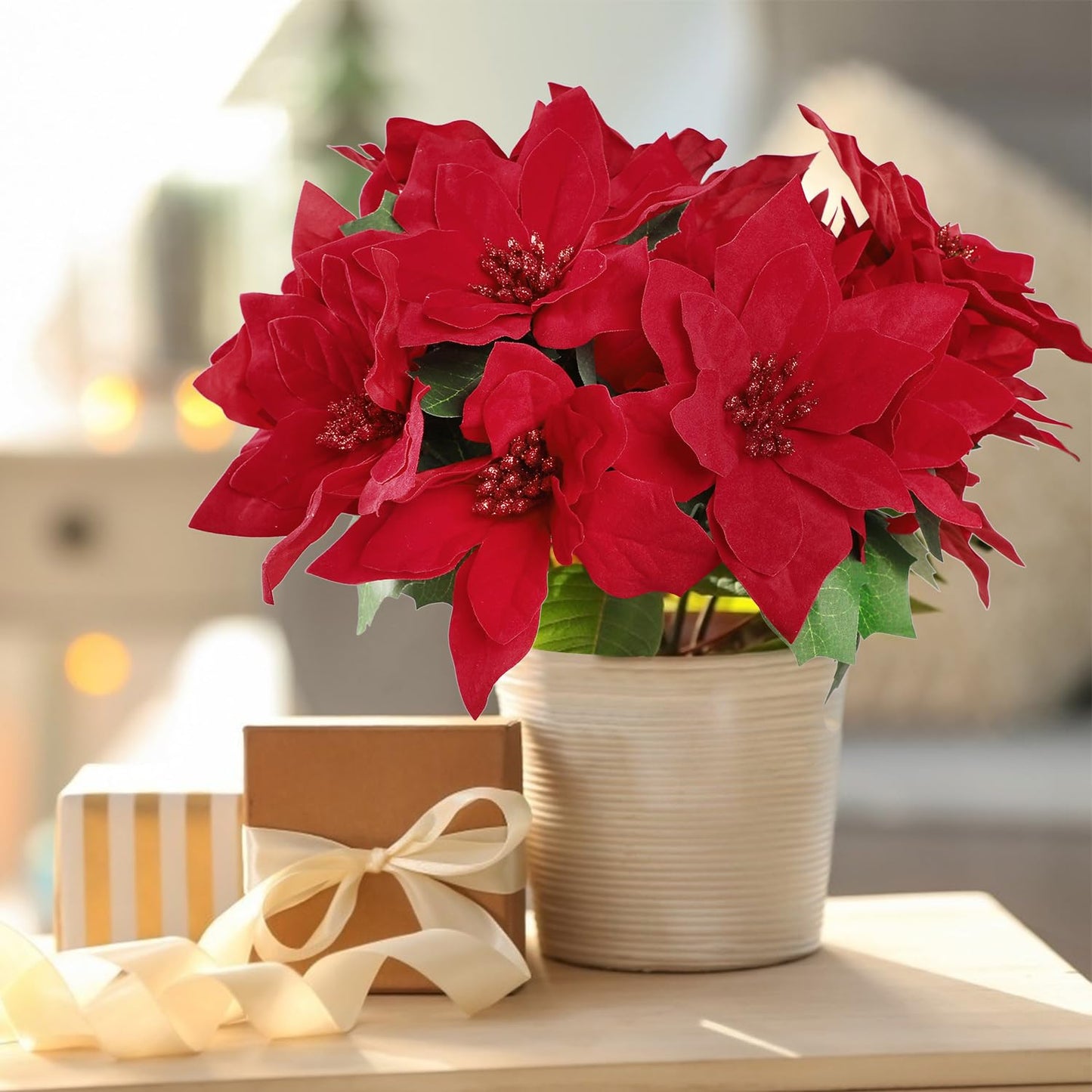 Cekene Christmas Artificial Poinsettia Flowers Decorations, 6 Pack Fake Flowers with Stem Flannel Artificial Red Bouquets Vase Decoration Flowers for Home Wedding Party Table