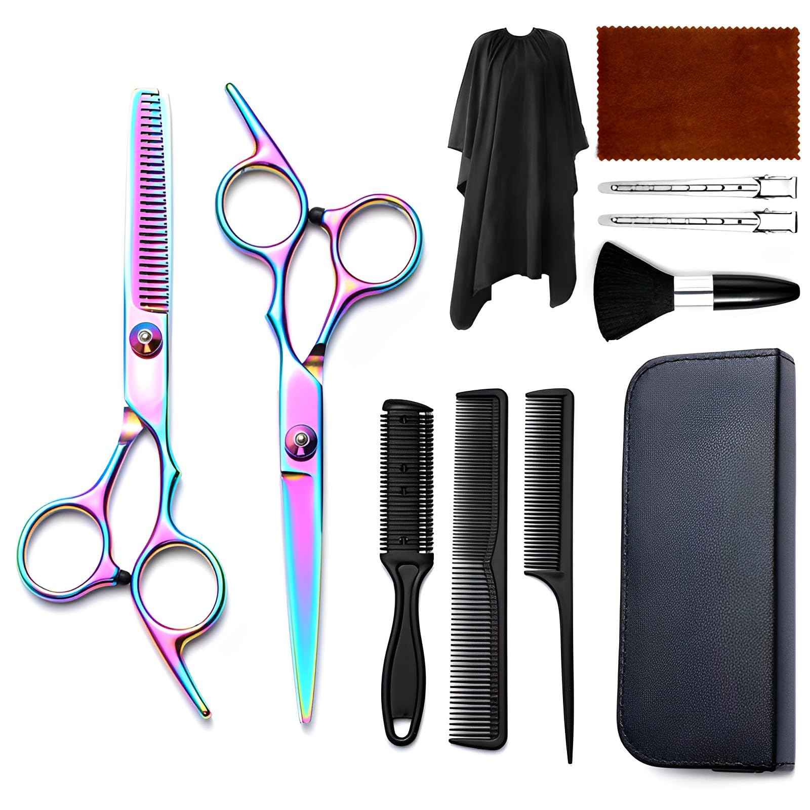 Hair Cutting Scissors Kit 11PCS, Professional Haircut Scissors with Japanese Stainless Steel Shears, Thinning Shears, Haircut Accessories in Leather Case for Salon/Home (Rainbow)