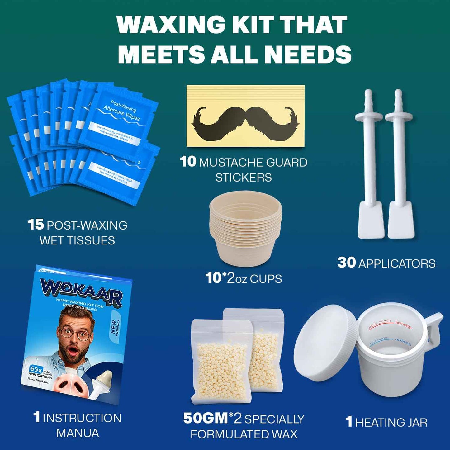 Nose Wax Kit |100g Wax, 30 Applicators | No Microwave Needed | Ear and Nose Hair Removal Waxing Kit for Men and Women | Pre/Post-Waxing Wipes | Mustache| Ear Hair Removar, 5 Weeks Lasting