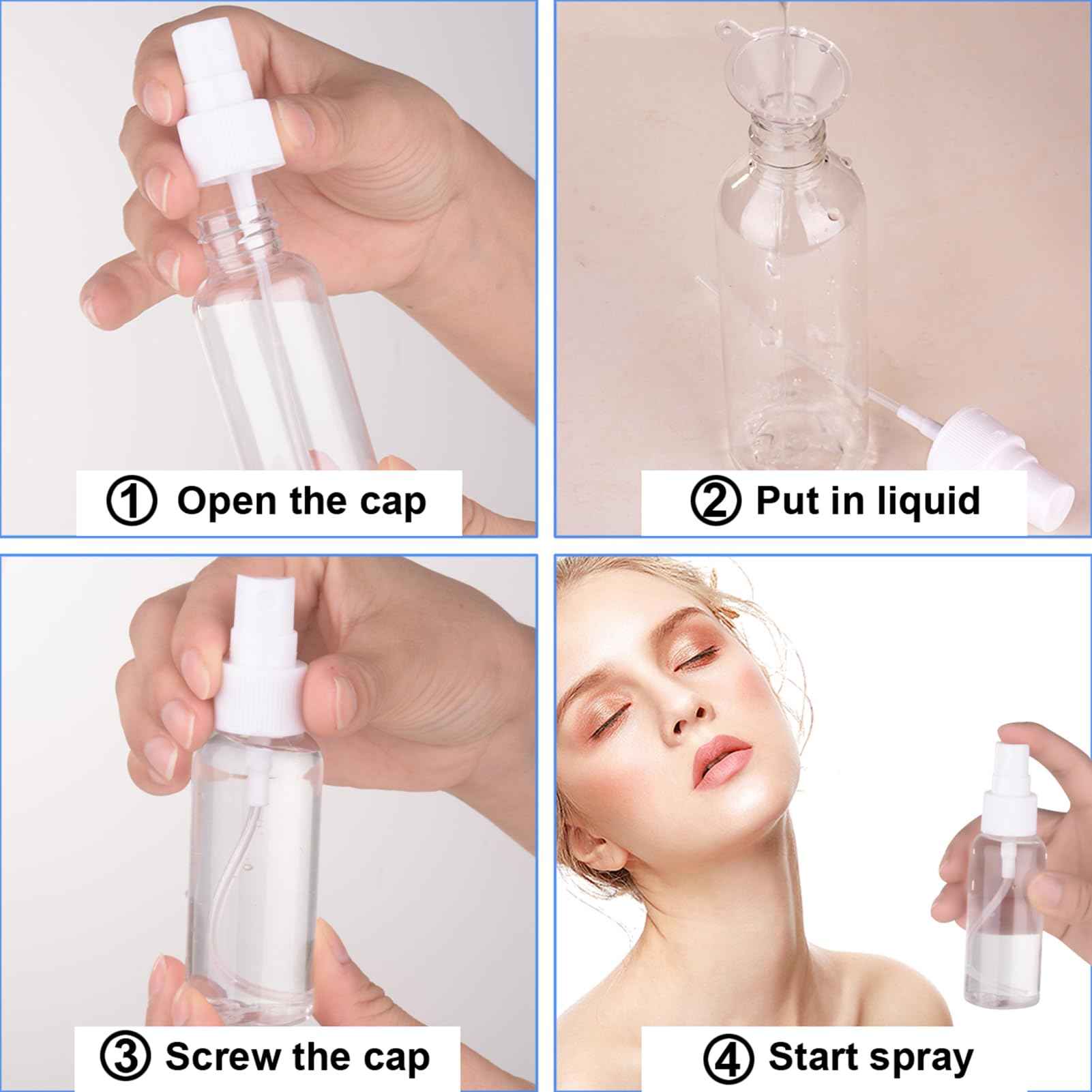 Spray Bottle, 2oz/50ml Small Plastic Fine Mist Spray Bottles, Mini Empty Travel Bottles with Funnels and Labels 20 Pack