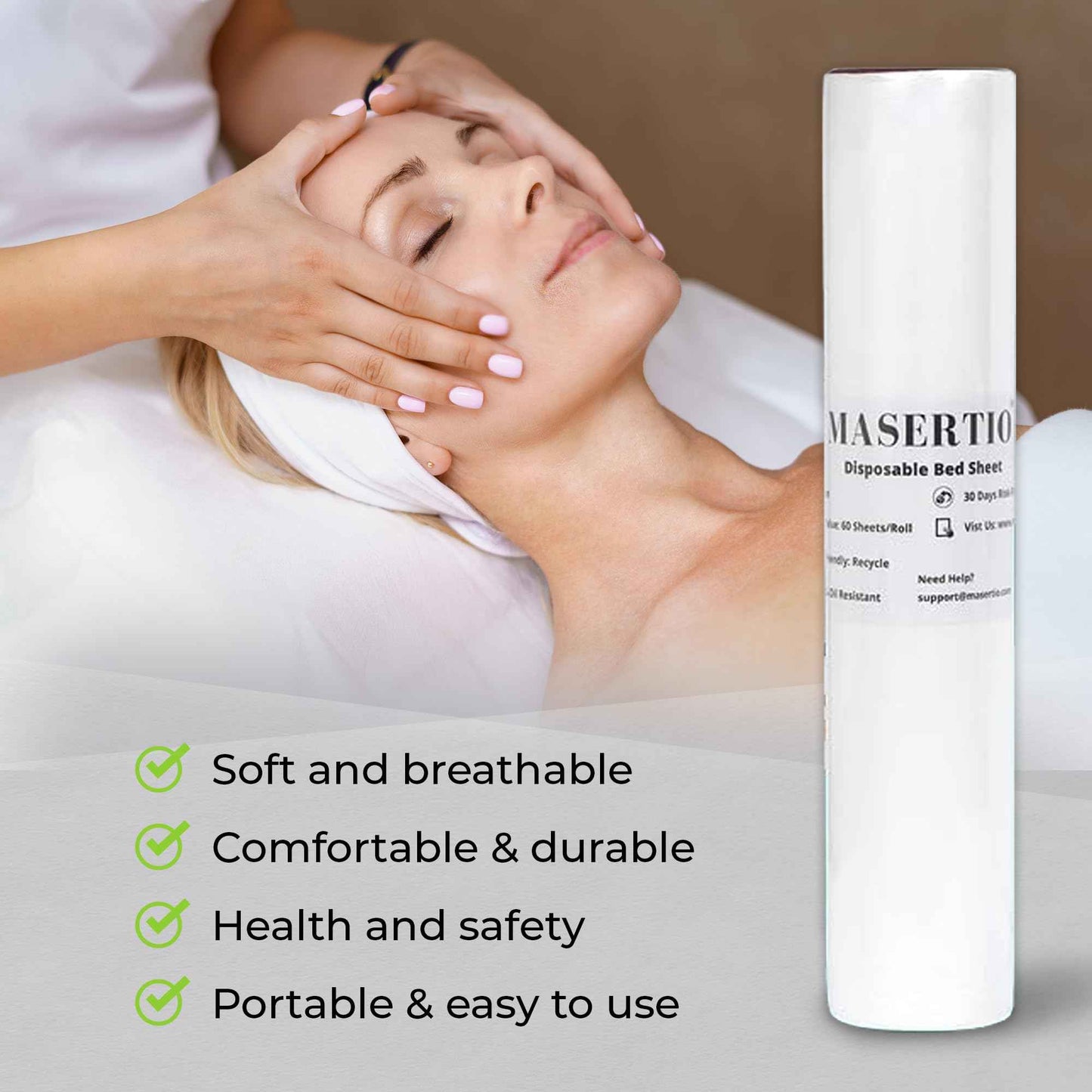 MASERTIO Disposable Massage Bed Cover - 60 Sheets Per Roll, Non-woven Disposable Material - Ideal for Spa, Massage Table, Tattoo, Waxing Table - No Crinkle Table Sheets - 31.5 x 71 Inches (1 Roll)