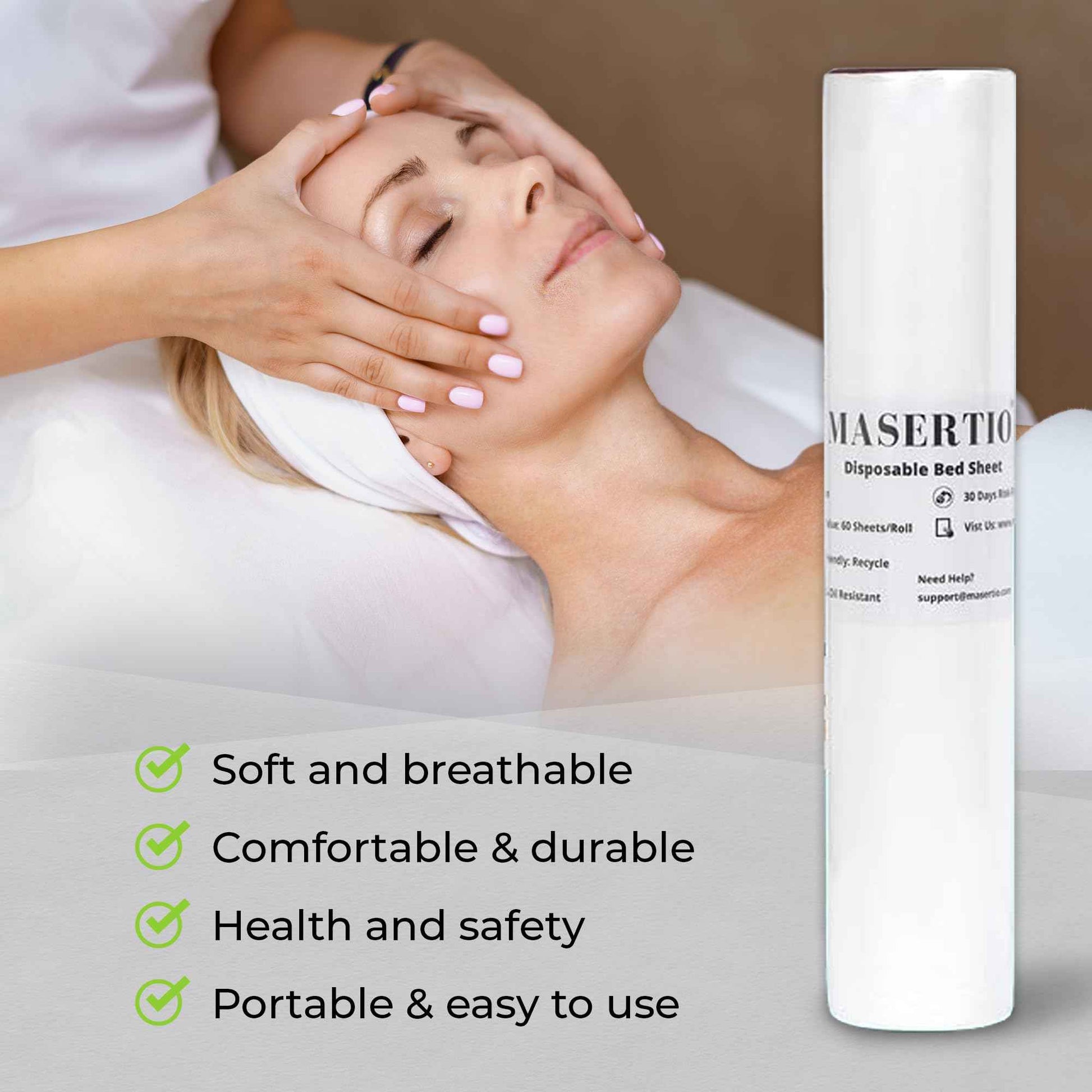 MASERTIO Disposable Massage Bed Cover - 60 Sheets Per Roll, Non-woven Disposable Material - Ideal for Spa, Massage Table, Tattoo, Waxing Table - No Crinkle Table Sheets - 31.5 x 71 Inches (1 Roll)