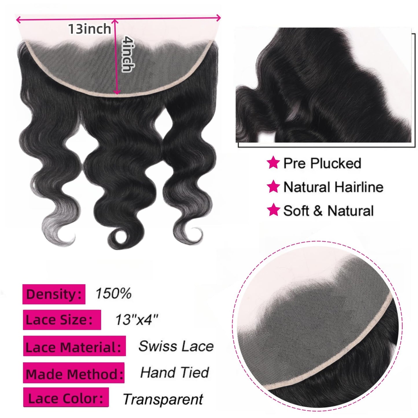 13 x 4 Lace Frontal Closure Body Wave Ear to Ear HD Lace Frontal Pre Plucked 100% Remy Human Hair Frontal Closures Free Part 150% Density (13x4 lace closure, 12inch)