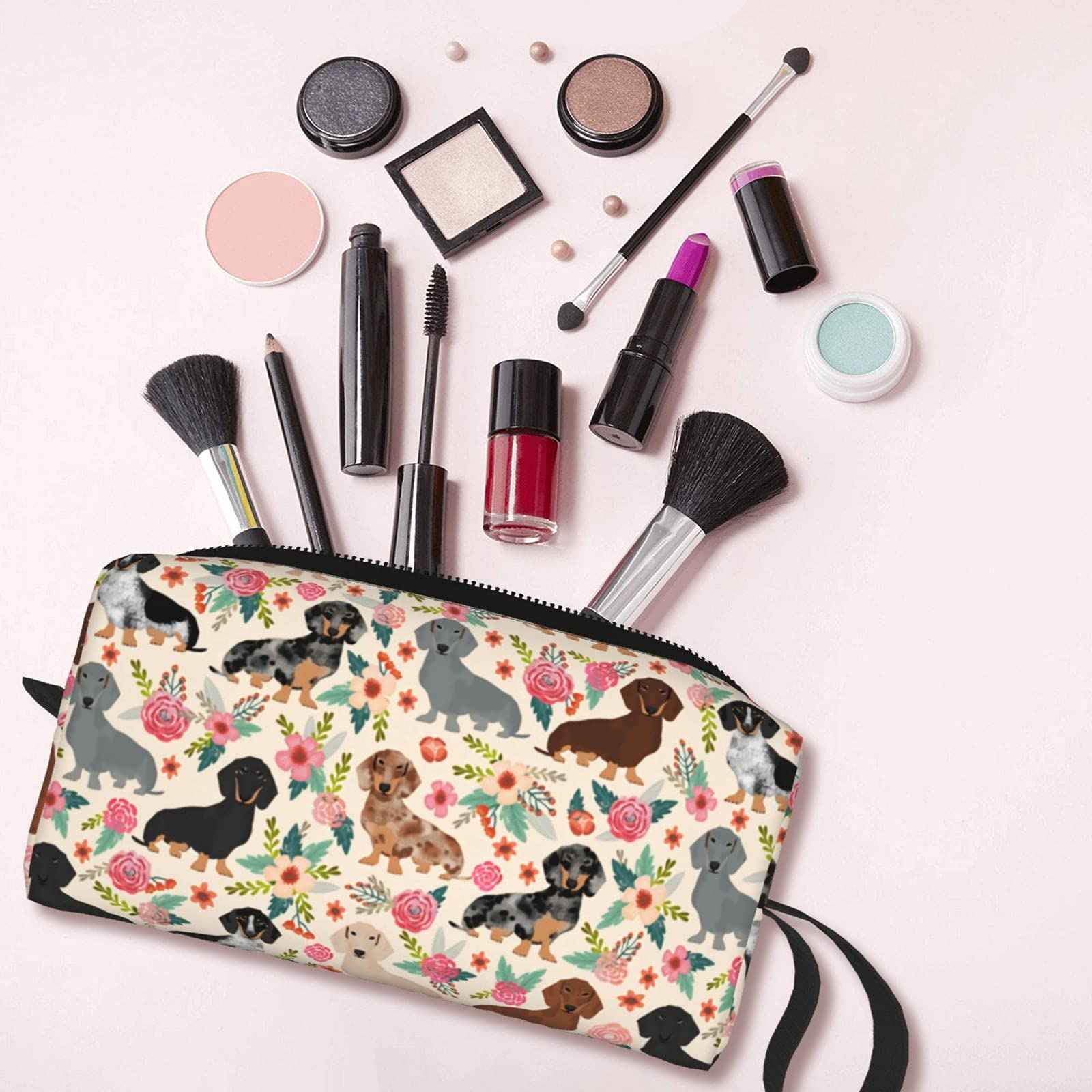 Floral Dachshund Makeup Bag Adorable Travel Cosmetic Toiletry Organizer Case For Women