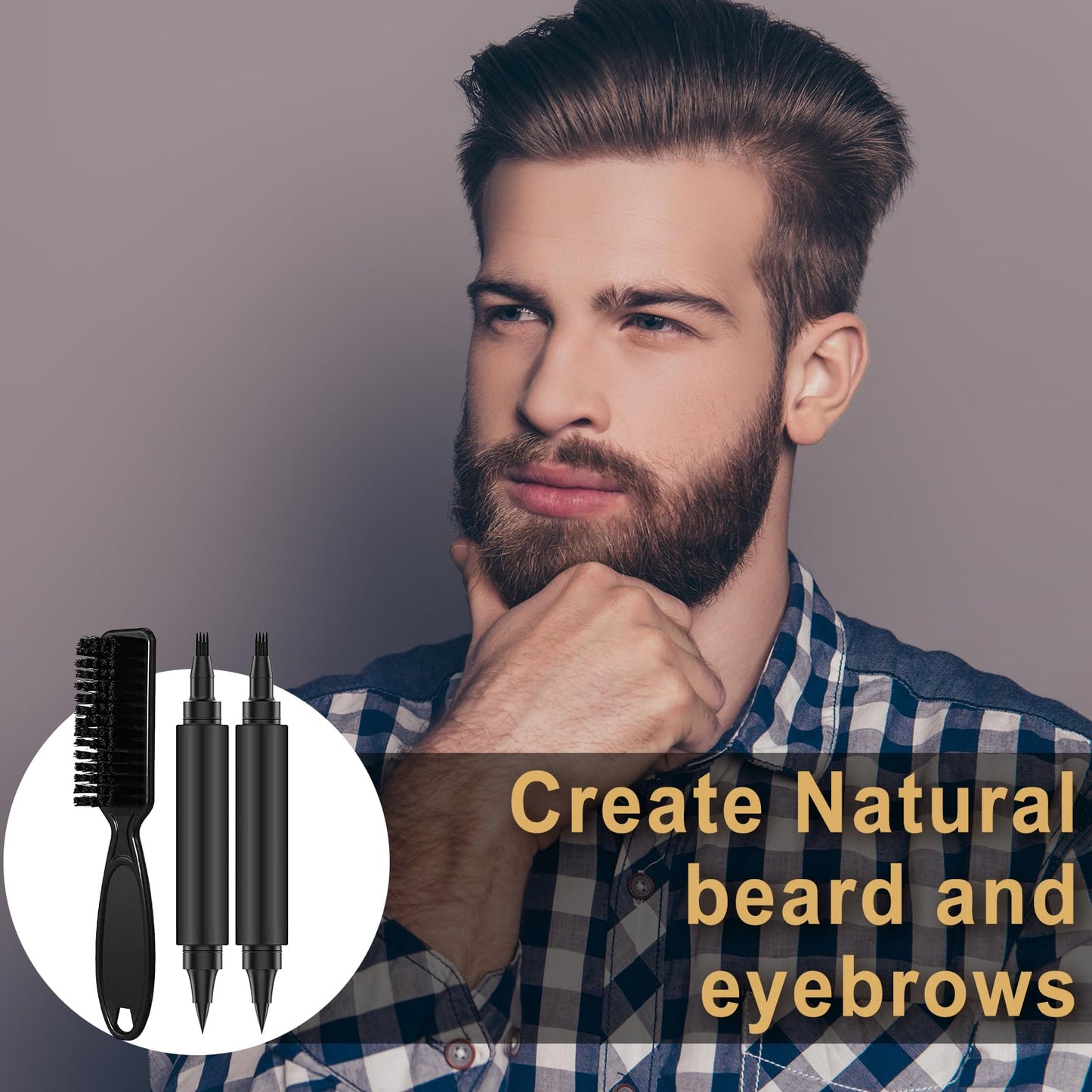 Vtrem Beard Pencil Filler for Men Black 3 Pack Dual Ended Applicator 4 Tip Micro Fork Pointed Tip Stubble Stick Pen With Brush Waterproof Beard Pen and Beard Brush Beard Comb