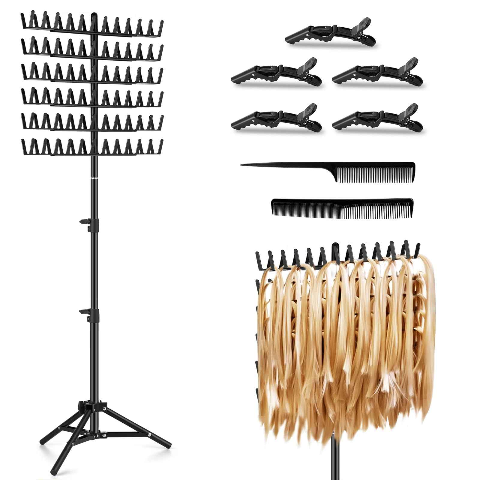 JANMPASK Braiding Hair Rack Height Adjustable 144 Pegs Braiding Rack Hair Extension Holder with Hair Braiding Tools Hair Divider Rack for Braiding Hair Separator Stand (black)