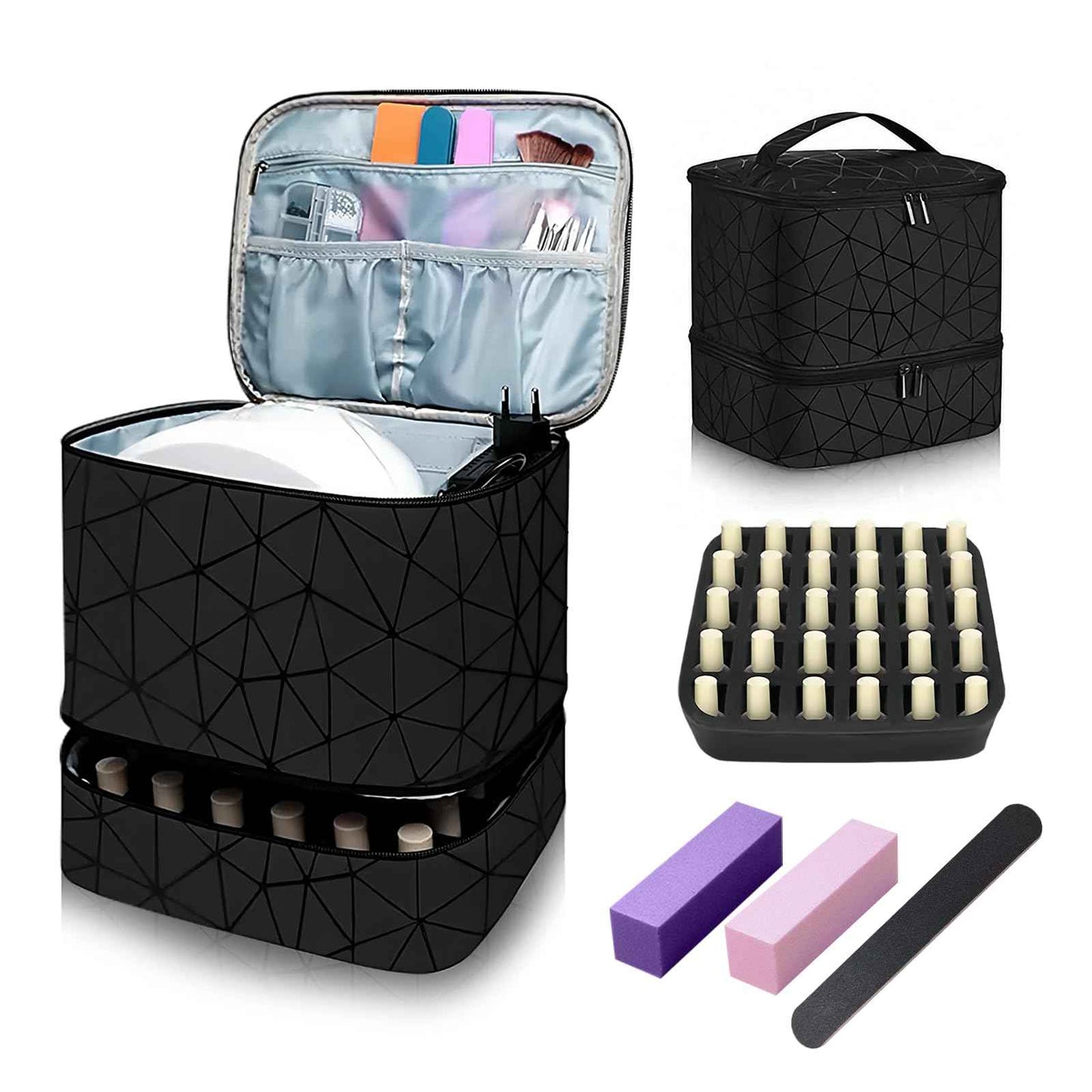 Esoes Nail Polish Organizer Case Double-Layer Nail Bag Storage PU Leather Waterproof Nail Organizer Holds 30 Bottles(15ml) and 1 Nail Lamp Large Travel Nail Supplies Shoulder Bag
