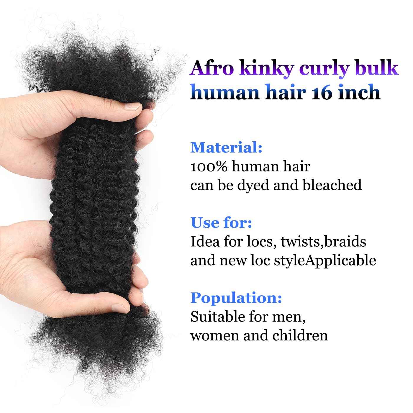 Afro Kinky Curly Human Hair Bulk for Permanent Micro Locs/Twists/Braids/Repair Locs Afro Kinky Curly Bulk Human Hair 12-Inch 50g/bundle Nature Black Color (1B, 12inch)