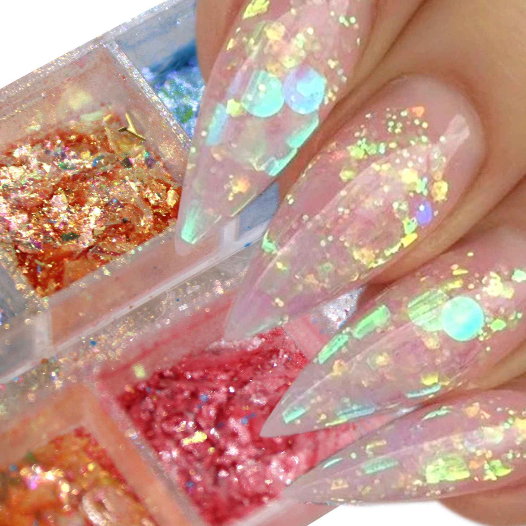 Holographic Nail Glitter 12 Grids Opal Glitter Powder Nail Charms Eye Rhinstones Mermaid Iridescent Nail Sequins Flakes Gold Silver Nail Foil for Nail Art Deisgn Kit for Christmas Halloween