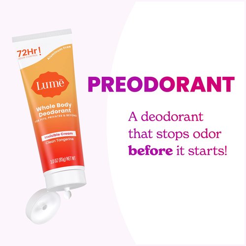 Lume Whole Body Deodorant - Invisible Cream Tube - 72 Hour Odor Control - Aluminum Free, Baking Soda Free, Skin Safe - 3.0 ounce (Pack of 2) (Clean Tangerine)