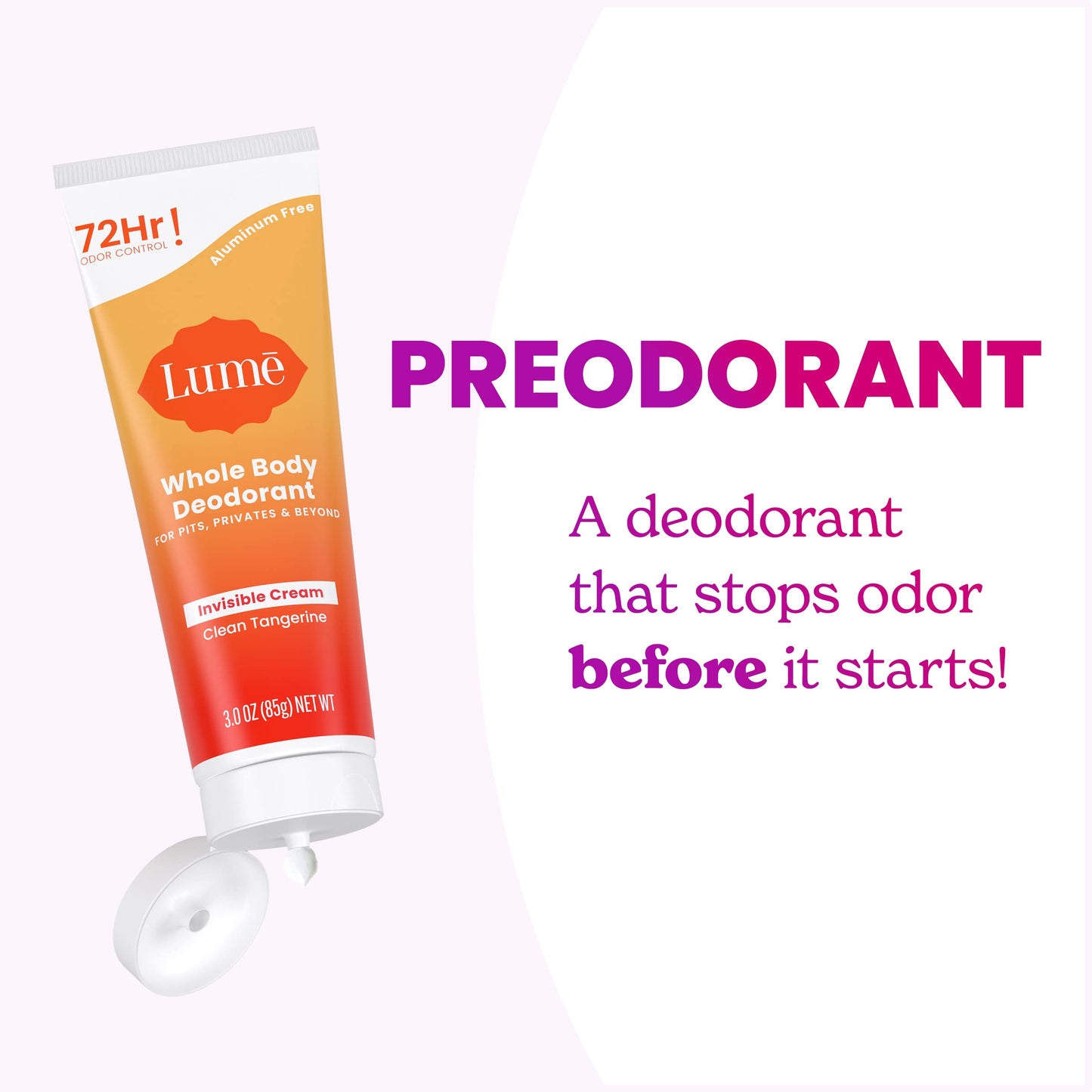 Lume Whole Body Deodorant - Invisible Cream Tube - 72 Hour Odor Control - Aluminum Free, Baking Soda Free, Skin Safe - 3.0 ounce (Pack of 2) (Clean Tangerine)