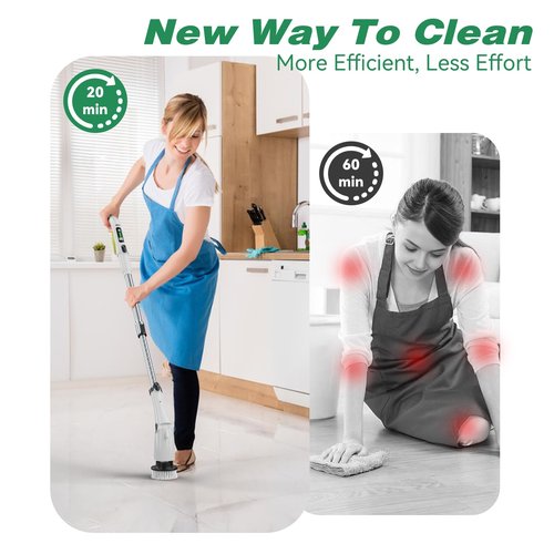 Electric Spin Scrubber Cleaning Brush, Full-Body IPX7 Waterproof Cordless Cleaning Brush with Adjustable Extension Handle, 3-Speed Shower Scrubber with 7 Replaceable Brush for Bathroom, Kitchen, Floor