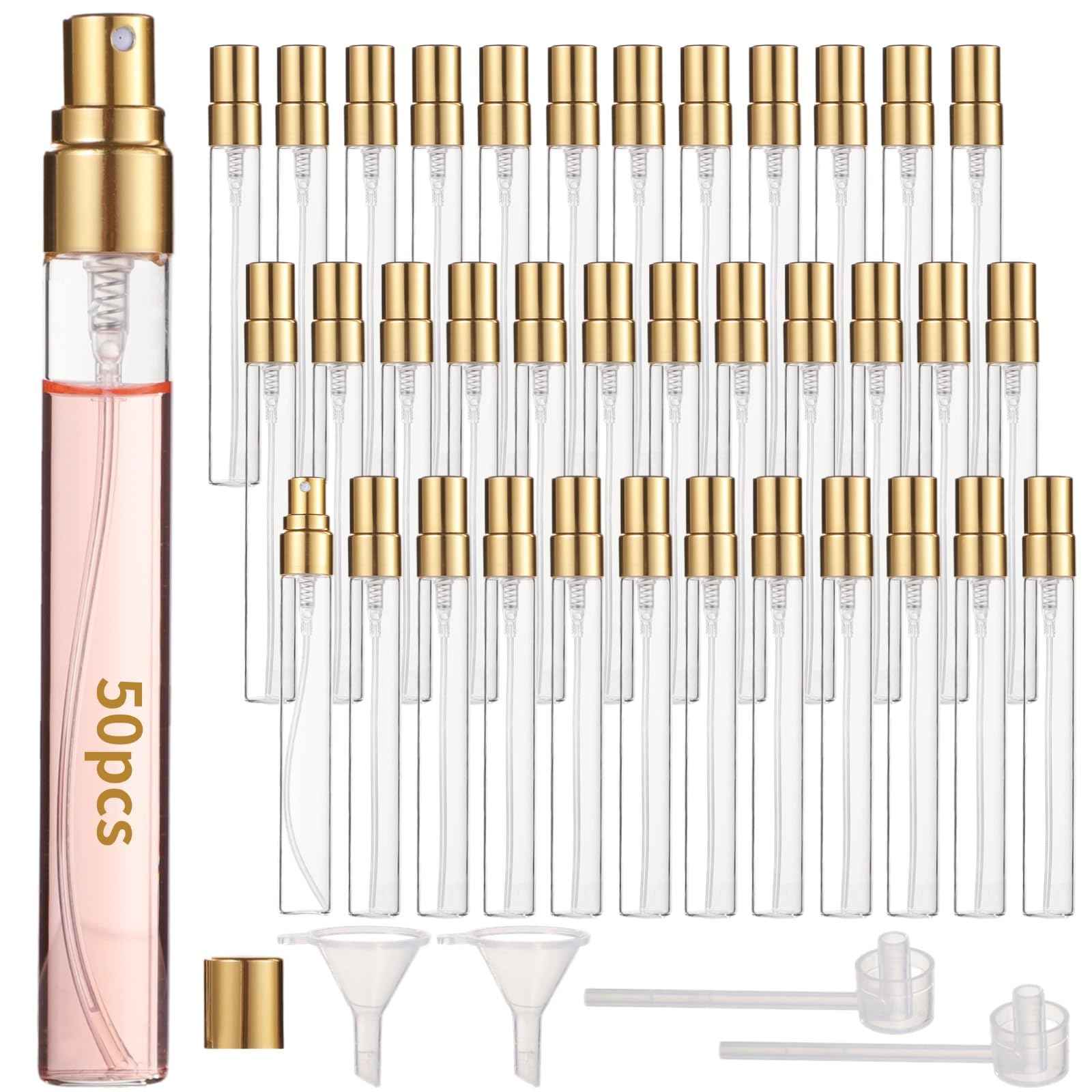 Lnrueg 50 Pcs 10 ml Perfume Bottles - Refillable Glass Mini Spray Bottles, Portable Travel Sample Containers, Fine Mist Atomizers with Caps, Includes 2 Funnels and 2 Dispensers, Ideal for Liquids