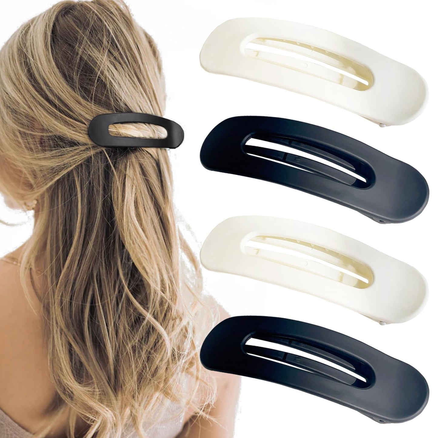 4 Pcs Flat Hair Clips for Women - Flat Lay Claw Clip | Big Flat Clips for Hair | Matte Flat Claw Clip | Strong Hold Lay Flat Hair Clip | Alligator Hair Clips for Girls (Black & White)