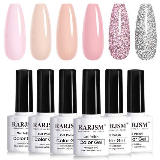 RARJSM Nude Gel Polish Set,Clear Pink Gel Nail Polish of 6 Colors Reflective Silver Pink Glitter Gel Polish,Translucent Sheer Pink Brown Nude Polish LED UV Curing Requires 7.5ml American Manicure