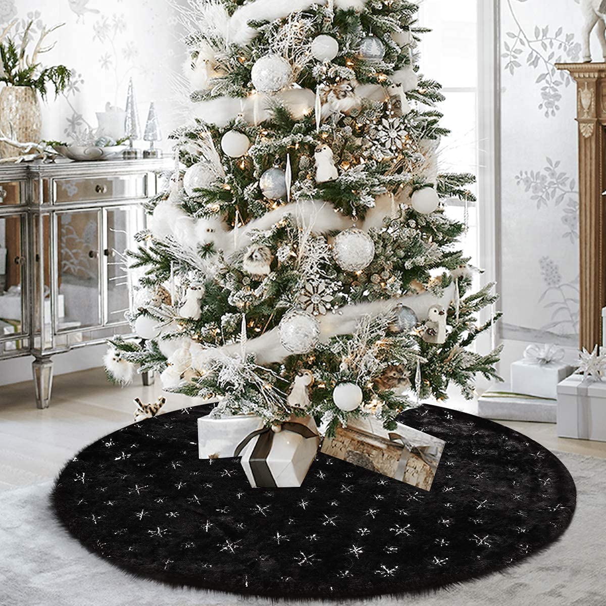 Ivarunner Black Tree Skirt, Large Faux Fur Christmas Tree Skirt 48 Inch, Xmas Tree Rug with Silver Sequin Snowflakes for Christmas Tree Decorations Ornaments