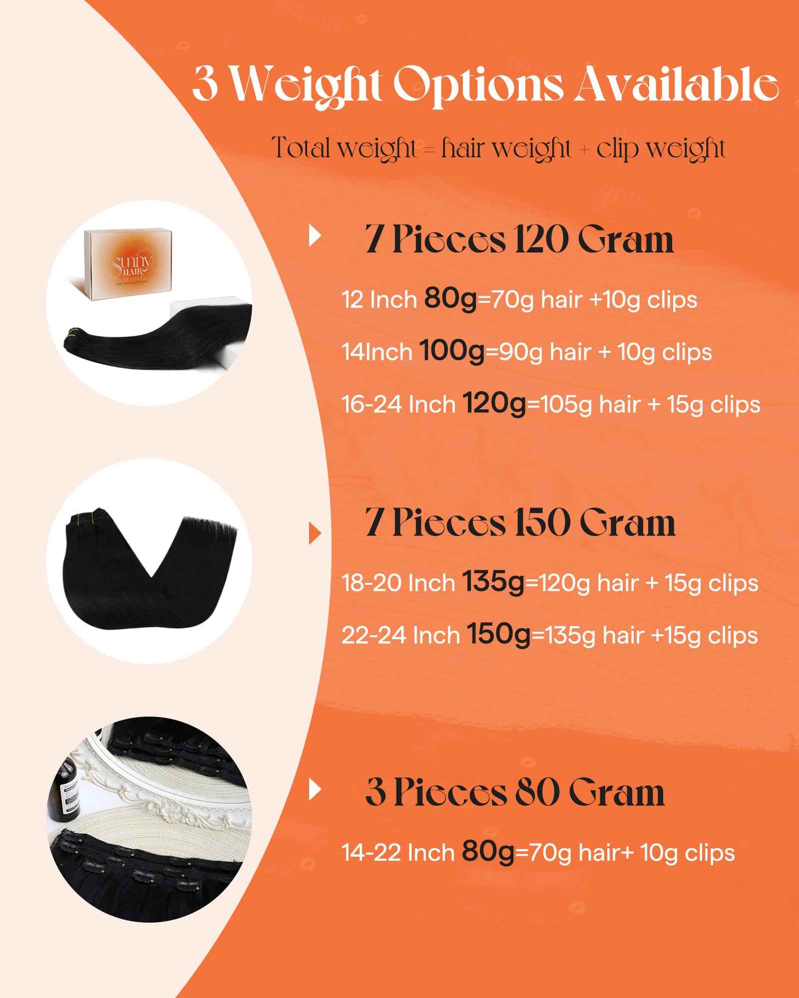 Sunny Hair Clip in Hair Extensions Straight Human Hair Clip in Extensions Remy Clip in Hair Extensions Real Human Hair Extensions Clip ins Jet Black Color 1 for Women 14inch