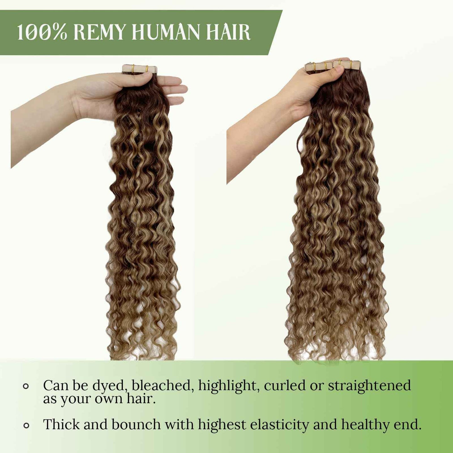 Water Wave Tape in Hair Extensions Human Hair, Balayage Chocolate Brown to Caramel Blonde Curly Tape in Hair Extensions Skin Weft Seamless Invisible Glue in Hair Extension 14 Inch 20pcs 50 Grams