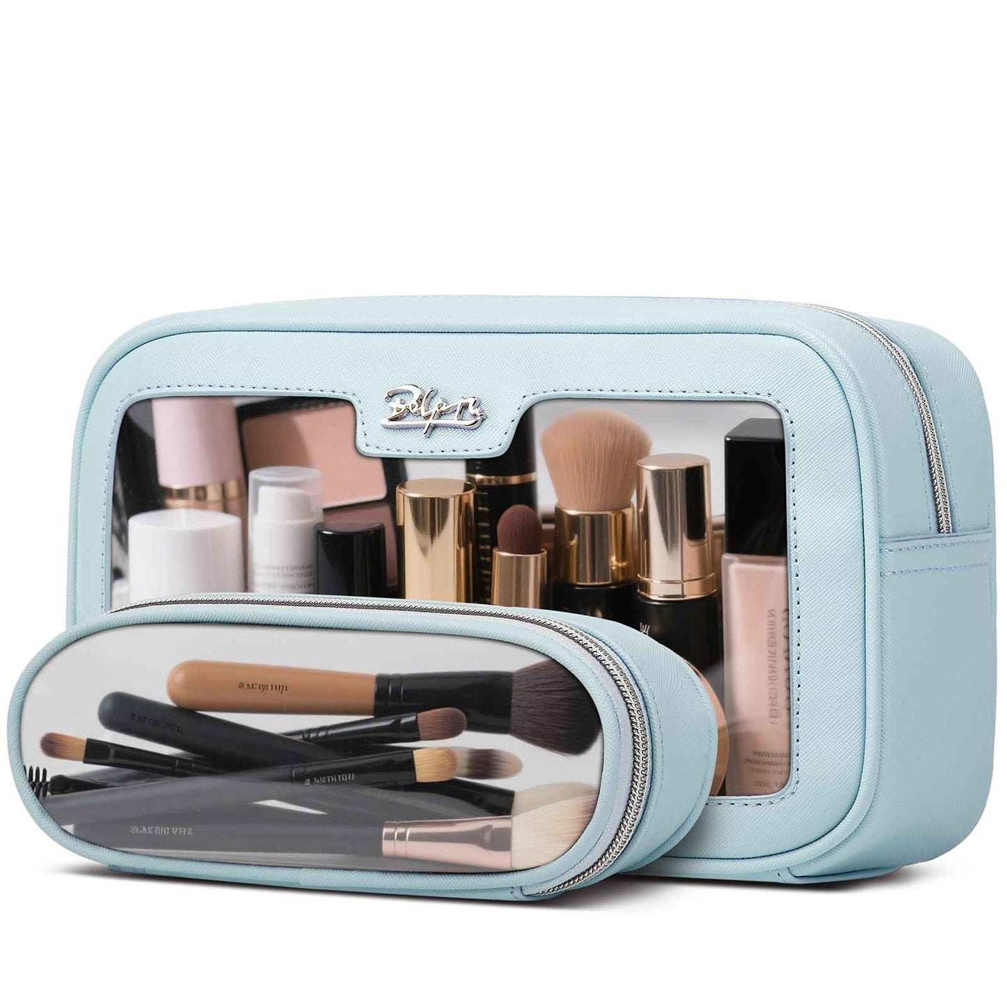 BOYATU Cute Travel Makeup Bag Set: Clear Cosmetic Bag Waterproof Toiletry Bags for Women - Large Skincare Pouch With Small Make up Brush Case for Girl (04-Blue)