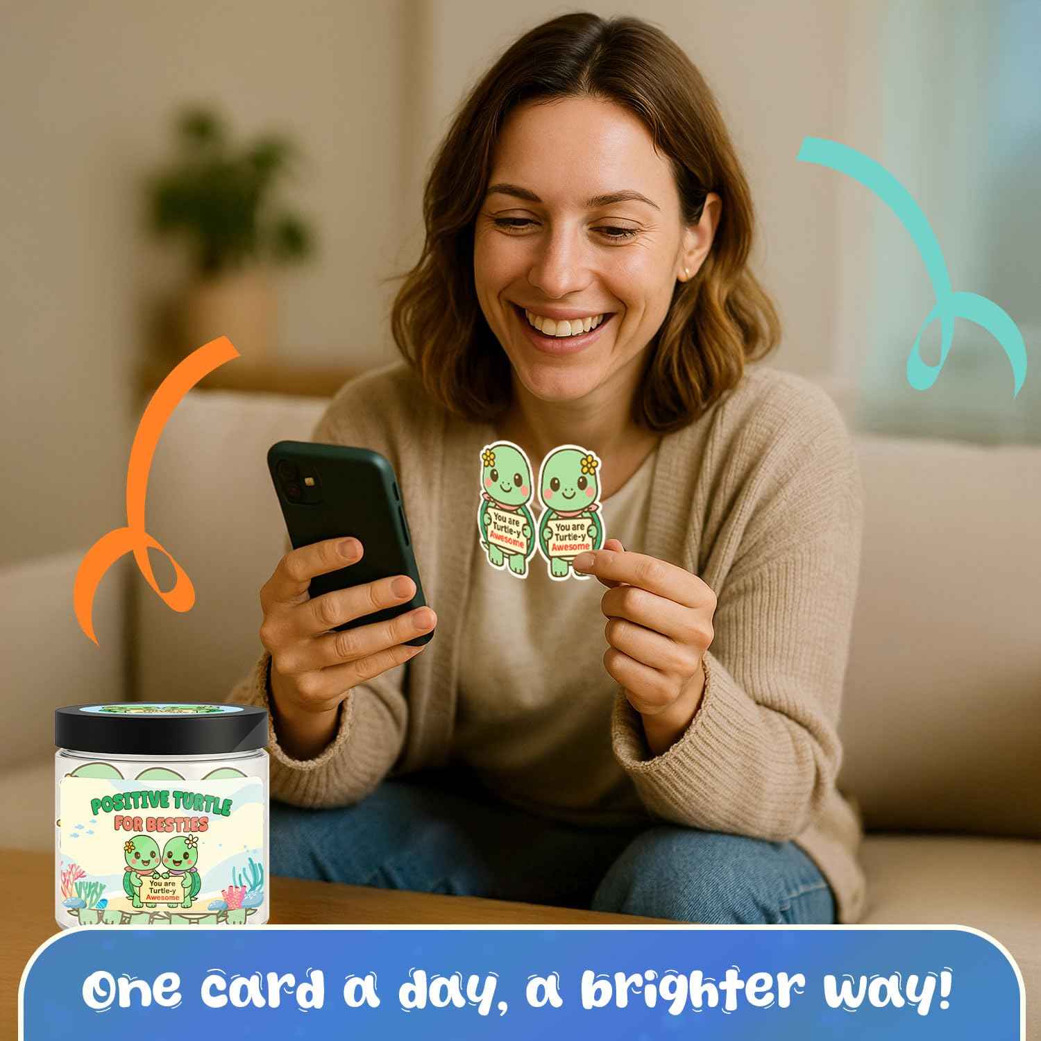 Positive Turtle Jar for Besties – 60 Daily Affirmation Cards, Cute Friendship Gift with Acrylic Keychain & Display Stand, Inspirational Message Jar for Best Friends, Sisters, or Coworkers