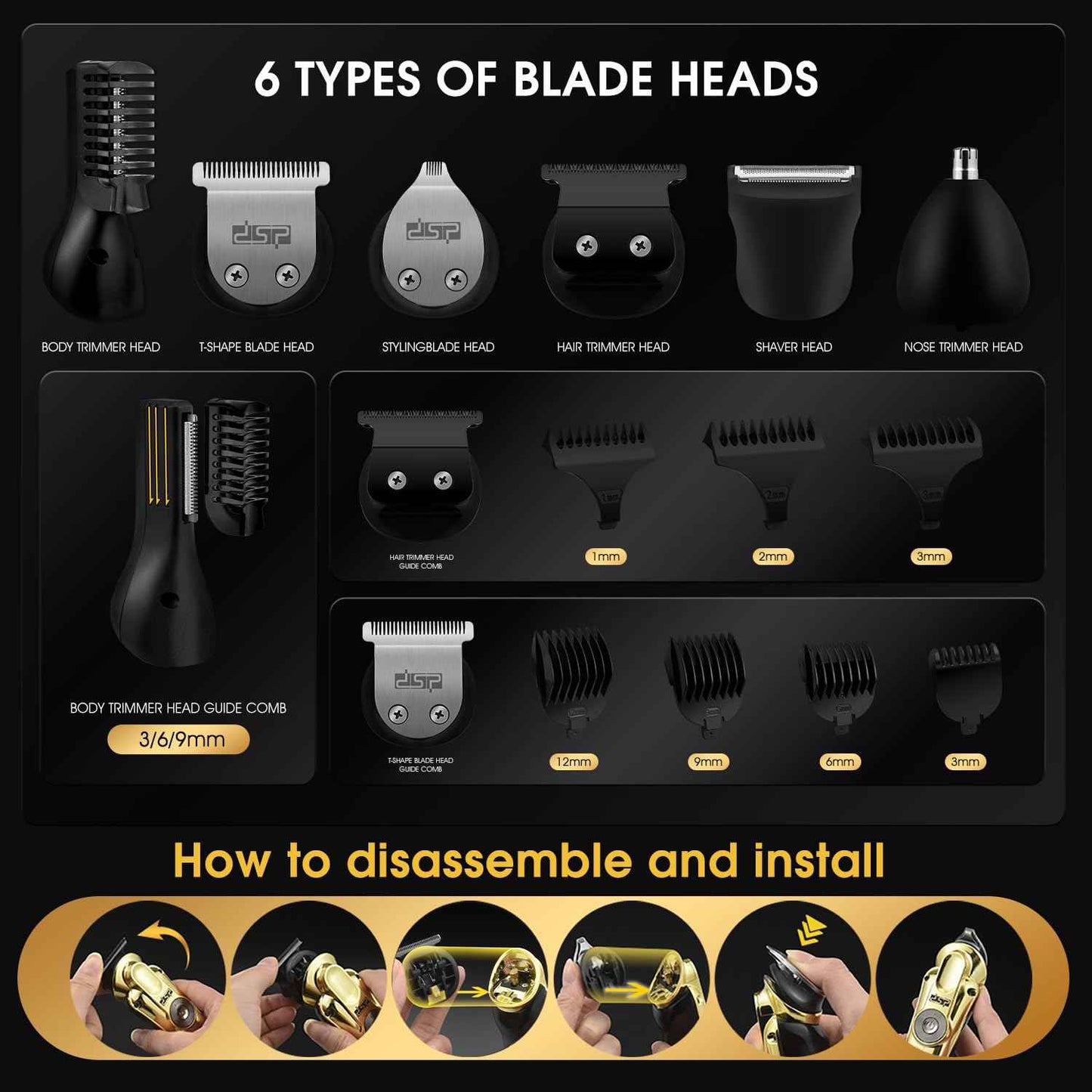 DSP Men's Grooming Kit, Beard Trimmer for Men, Nose Trimmer, Body Trimmer, Foil Shaver, T-Blade, Mustache, Cordless Hair Trimmer, IPX6 Waterproof,2 Speeds Adjustable, Gift for Men (Gold)