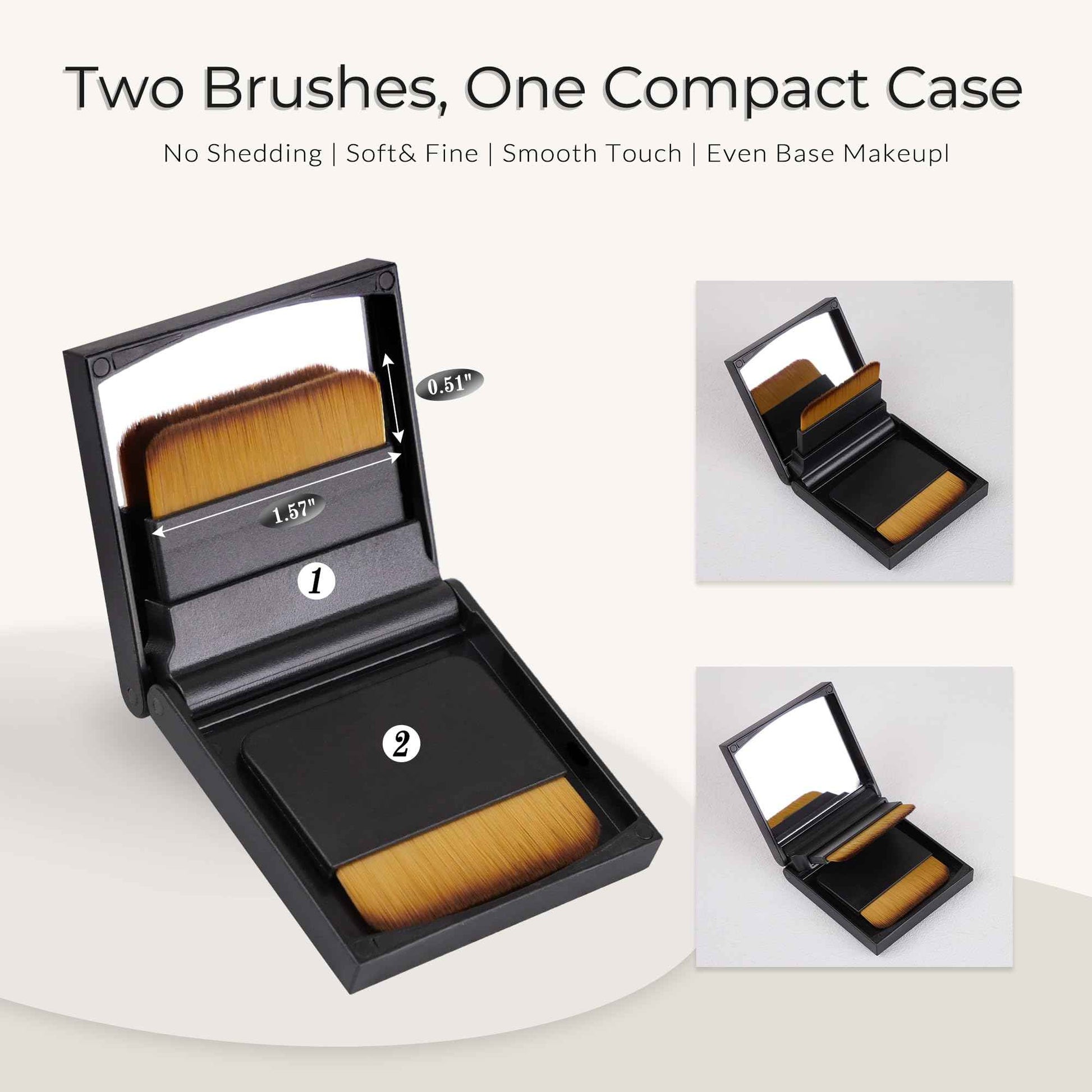 Foundation Brush with Vegan No-Shed Bristles, Wide Flat Head for Cream Liquid or Sunscreen, Dual Replaceable Heads, Mirror and Magnetic Case, Ideal for Daily Use at Home or On the Go