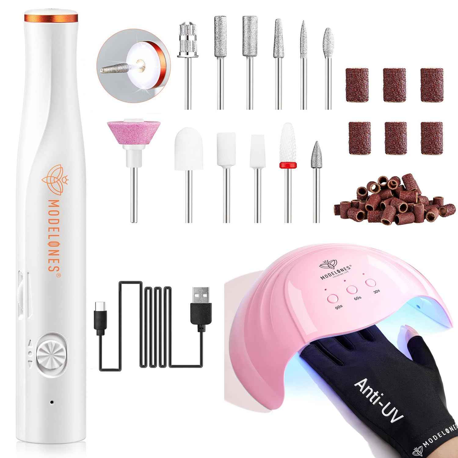 Modelones Gel Nail Lamp with UV Gloves and Cordless Nail Dril, 48W Nail Dryer with 3 Timer Settings, Nail Lamps for Gel Polish, Professional UPF99+ UV Protection Gloves for Nail Art Manicure