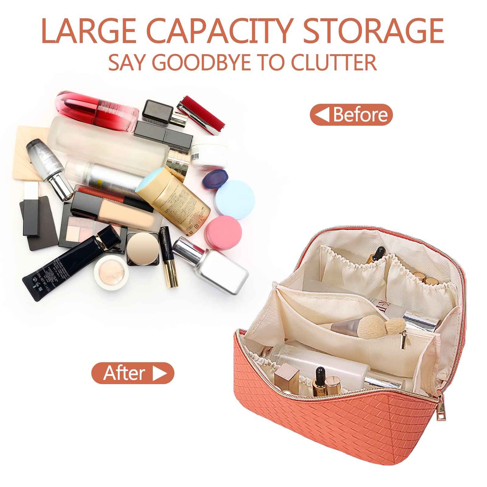 BAKLUCK Large Capacity Travel Cosmetic Bag with Compartment - Waterproof PU Leather Portable Checkered Makeup Organizer Bag for Women and Girls - Orange