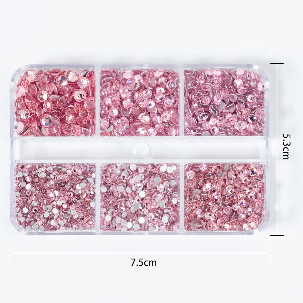 6Grids 3000Pcs Clear Flatback Rhinestones, Light Pink Nail Gems Crystals Jewels, Craft Glass Diamonds Stones Bling Rhinestone with Tweezers and Picking Pen For Nail Face Makeup(1.8mm~4mm Crystal)