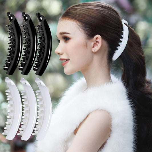 RC ROCHE ORNAMENT 6 Pcs Womens Premium Hair Plastic Banana Classic Clincher Strong Hold Ponytail Maker Girls Ladies Beauty Accessory Clasp Clip, Large Black and White