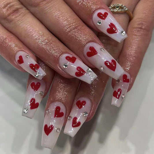 Valentines Nails Press on Nails Medium Coffin Fake Nails with Designs Red Heart Rhinestone Full Cover Acrylic Nude Pink False Nails Square Glue on Nails for Women and Girls Date Night 24Pcs