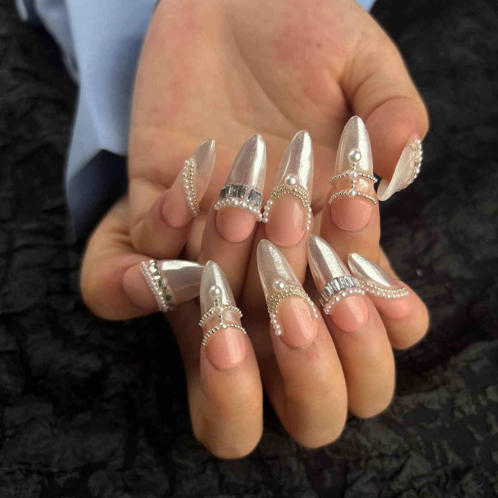 AKA Unicorn Trendy Handmade Press On French Nails Medium Almond Shape,10Pcs Thick Acrylic Fake Nails with 3D Pearl Cute Design Clip On Nail for Woman Gift (Design concept:French Tenderness)