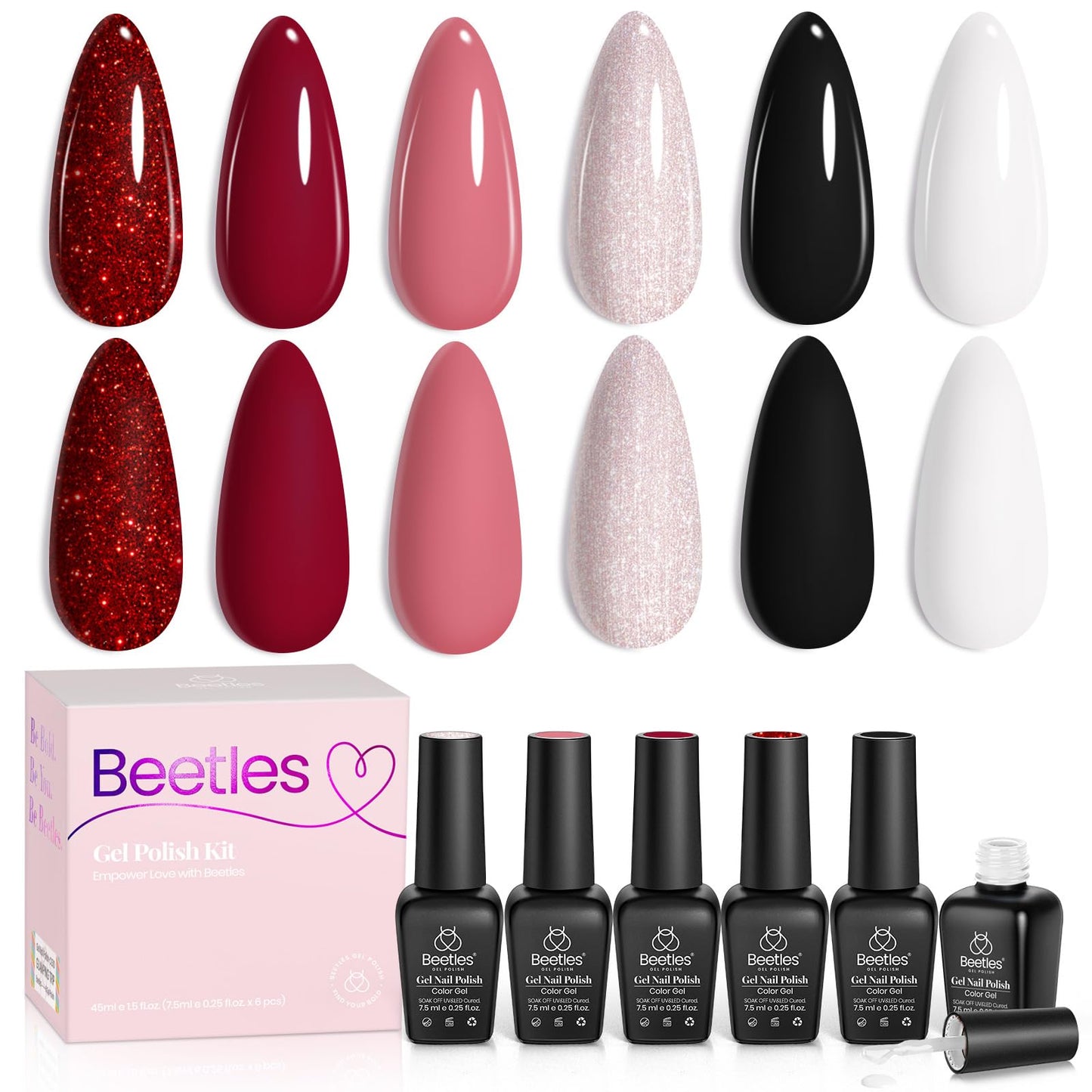 Beetles Gel Nail Polish, 6 Colors Nude Pink Red Glitter White Black Rose Golden Gel Polish Queen of Hearts Collection Soak Off Uv Lamp Cured DIY Home Manicure Gift for Girls Women