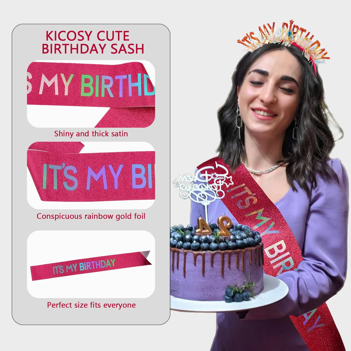 KICOSY Birthday Headbands and Sashes for Women Birthday Crown Tiara Birthday Sash for Girl Glitter Iridescent Fringe It's My Birthday Headband Happy Birthday Decorations Birthday Gifts for Girls