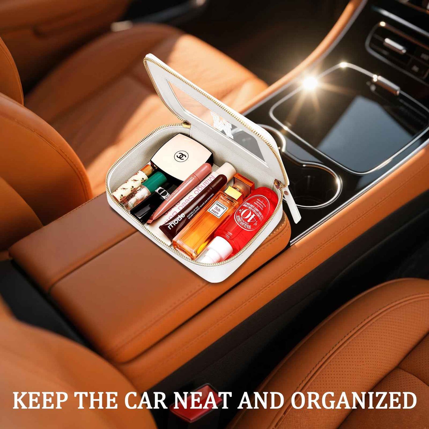 CLOUDWINGS Initial Travel Toiletry Bag - Cosmetic Bags for Girls with Zipper, Clear & Potable Makeup Bag for Travel, Cosmetic Pouch Perfect Gifts for Graduation (Beige, J)