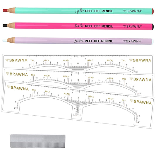 BRAWNA 3 PCS PMU Mapping Pencils Set with 3 Eyebrow Ruler Sticker and Razor Blade Sharpener for Microblading Eyebrow, Lip Blushing and Brow Measuring