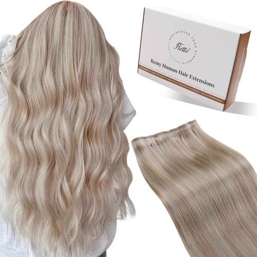 Hetto Sew in Hair Extensions Human Hair Blonde Highlights Sew in Hair Extensions Natural Weft Hair Extension Highlighted Ash Blonde Double Weft 14 Inch 80g
