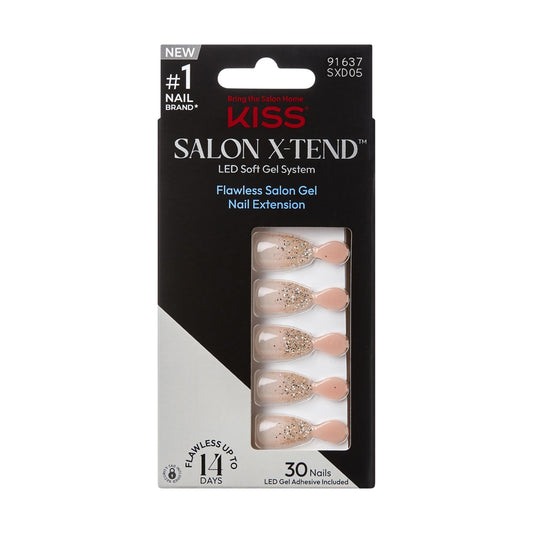 KISS Salon X-tend, Press-On Nails, Glue included, 'Satellite', Light Silver, Short Size, Coffin Shape, Includes 30 Nails, 5Ml Led Soft Gel Adhesive, 1 Manicure Stick, 1 New Mini File, New Prep Pad