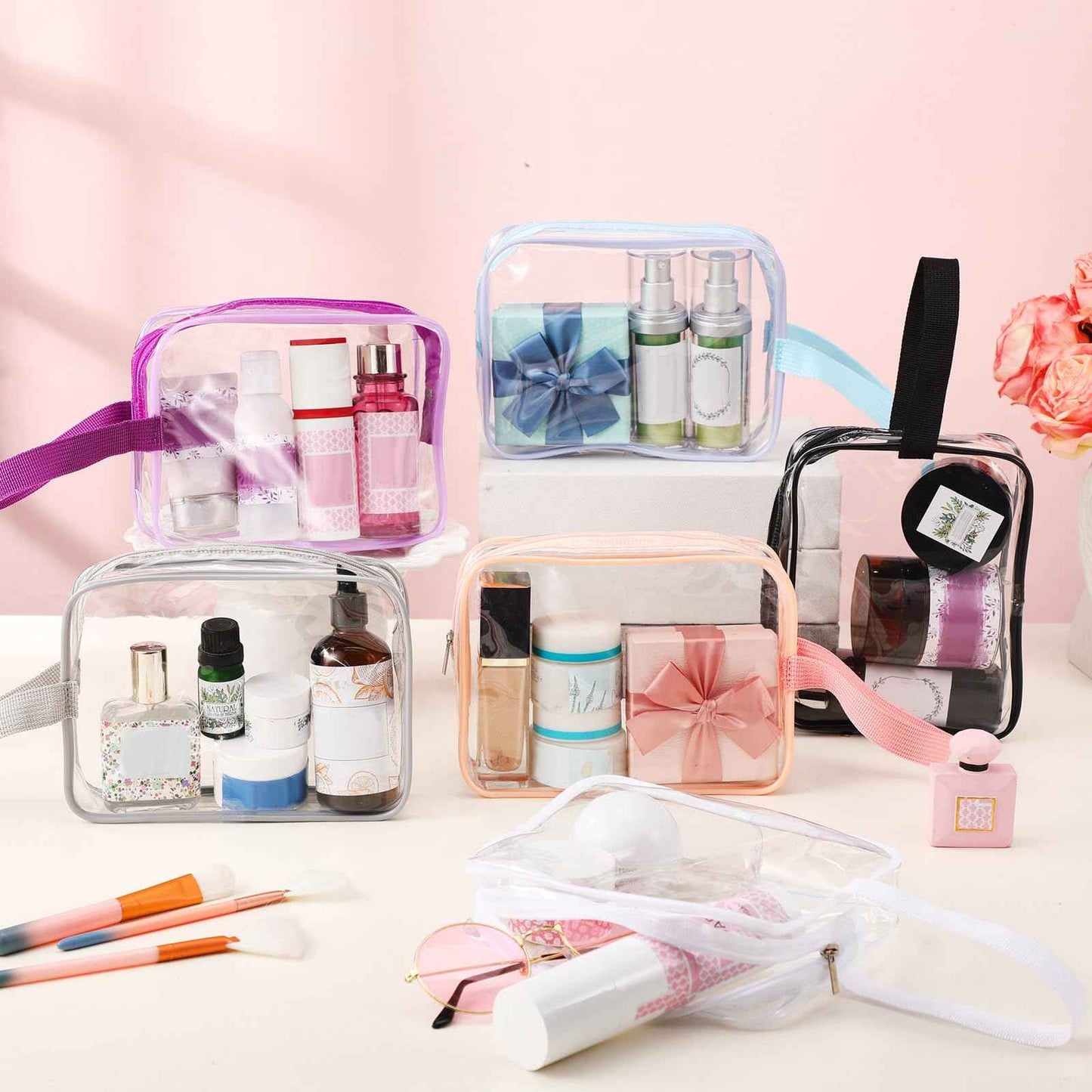 Silkfly Clear Toiletry Bag PVC Travel Cosmetic Bag with Handle Strap Makeup Pouch with Zipper Summer Vacation Salon Graduation Gift End of the Year Gifts(Gentle Colors,24 Pack)